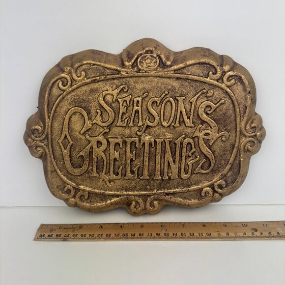 Vtg 95 Seasons Greetings Christmas Holiday Lightweight Foam Sign Gold Color Deco - Picture 1 of 11